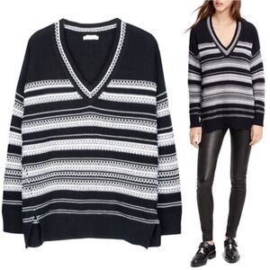 VINCE Oversized Textured Striped Black White V-Neck Sweater XS